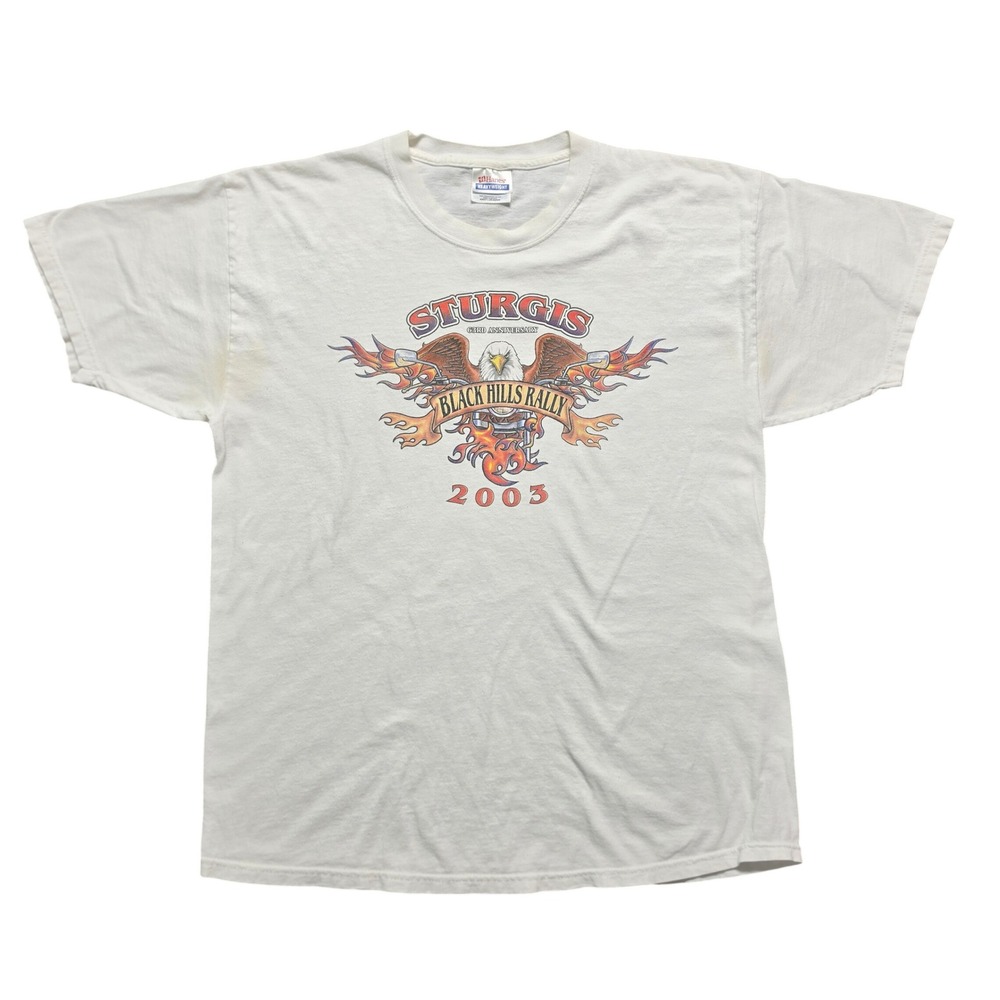 Sturgis 2003 Black Hills Rally Graphic 63rd Anniversary T-Shirt Mens L White